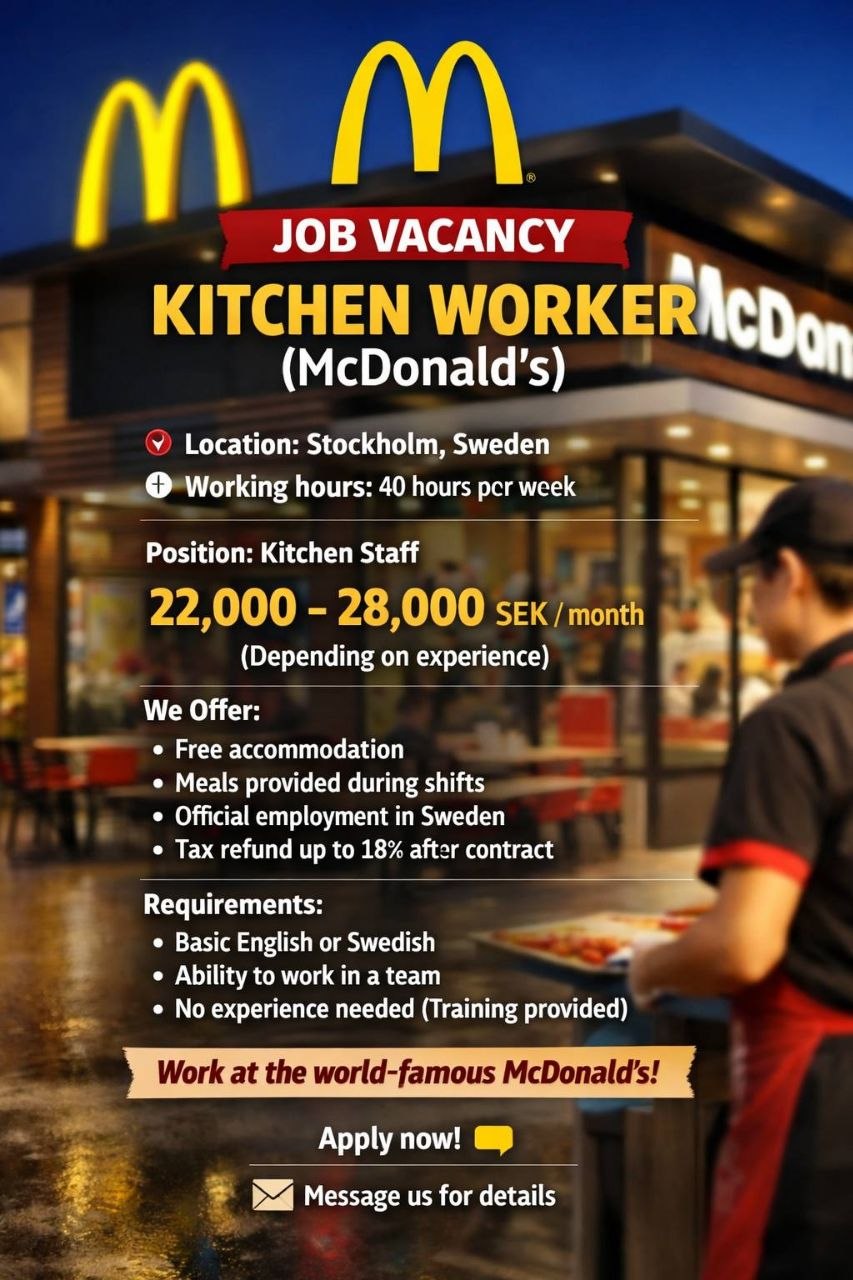 Kitchen worker vacancy in Stockholm, Sweden