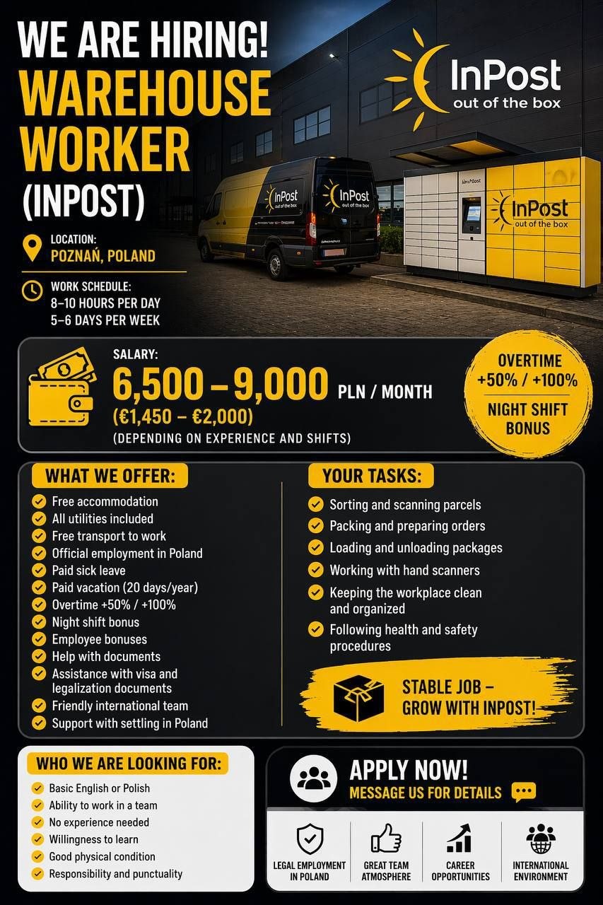 Warehouse worker vacancy in Poznań, Poland