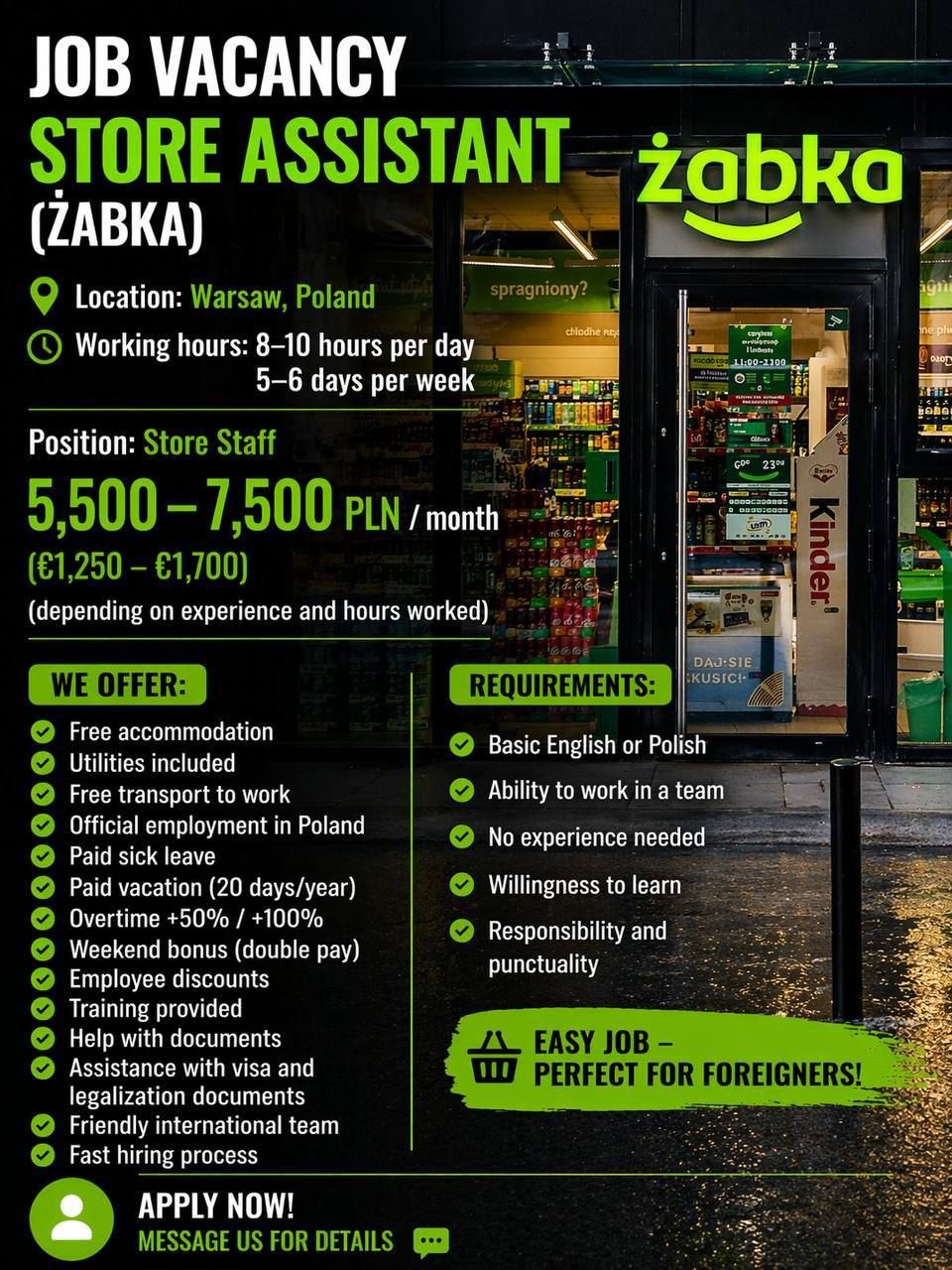 Store assistant vacancy in Warsaw, Poland